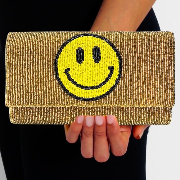 Emoji Smiley Face 2-Sided Seed Bead Crossbody Chain Clutch Boho Gift Handbag - Picture 3 of 5